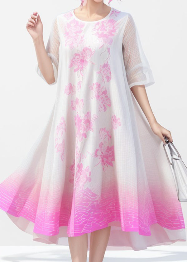 Gradient Color O Neck Print Silk Dress Summer