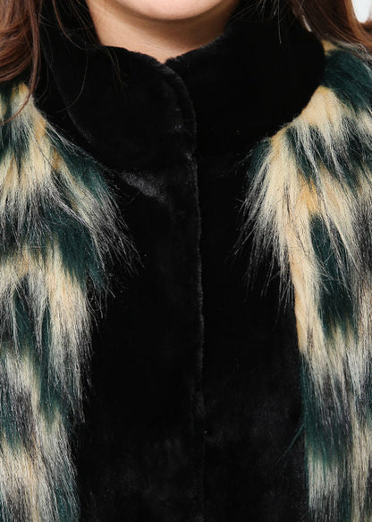 Gradient Color Striped Patchwork Faux Leather and Fur Coat Outwear Winter