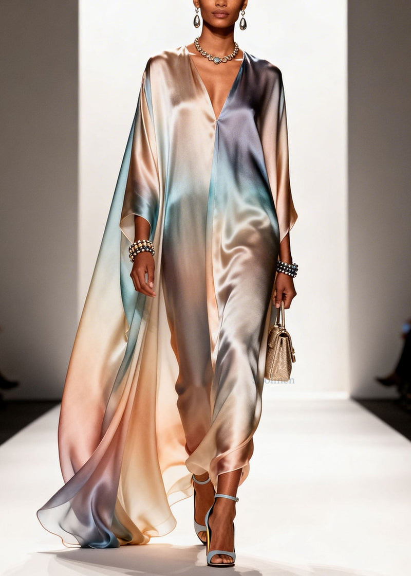 Gradient Color V Neck Chiffon Long Dress Spring