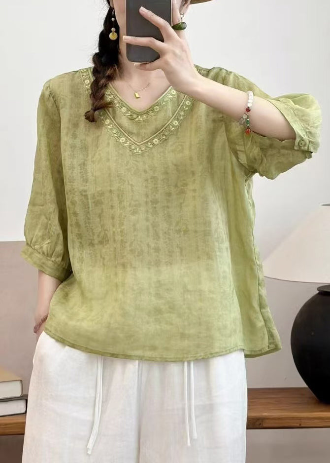 Grass Green Embroidered Linen Top Half Sleeve