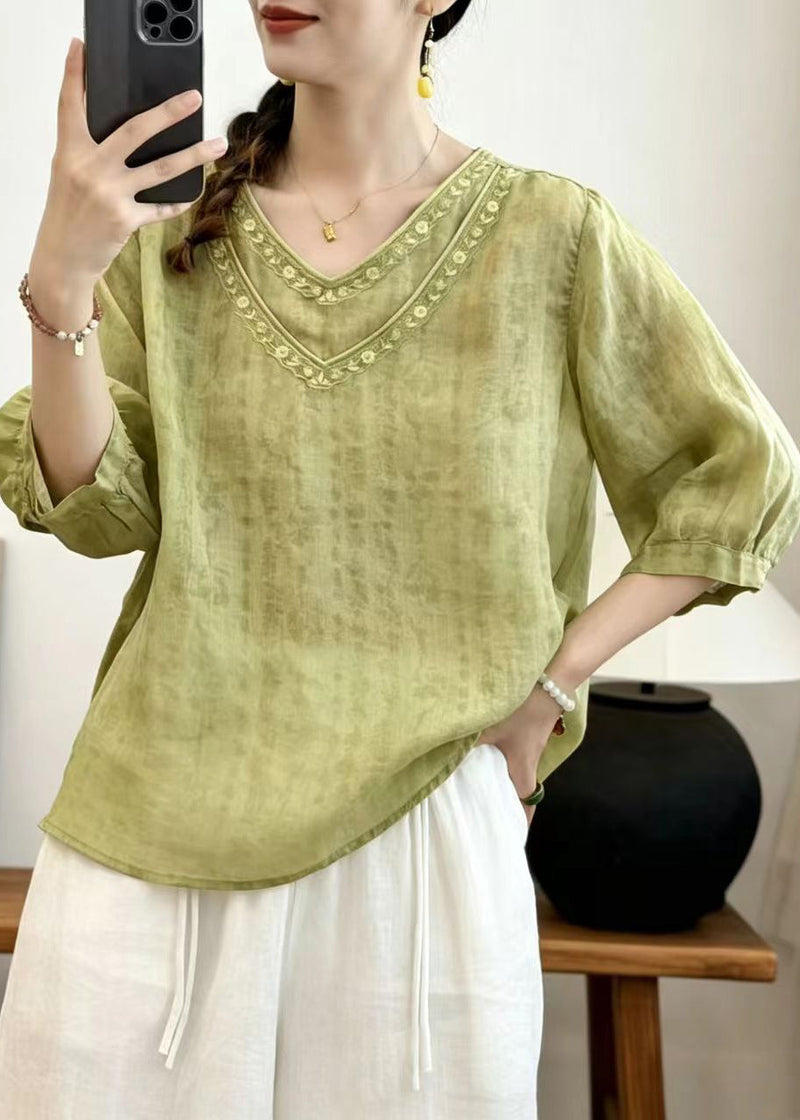 Grass Green Embroidered Linen Top Half Sleeve