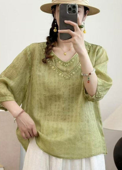 Grass Green Embroidered Linen Top Half Sleeve