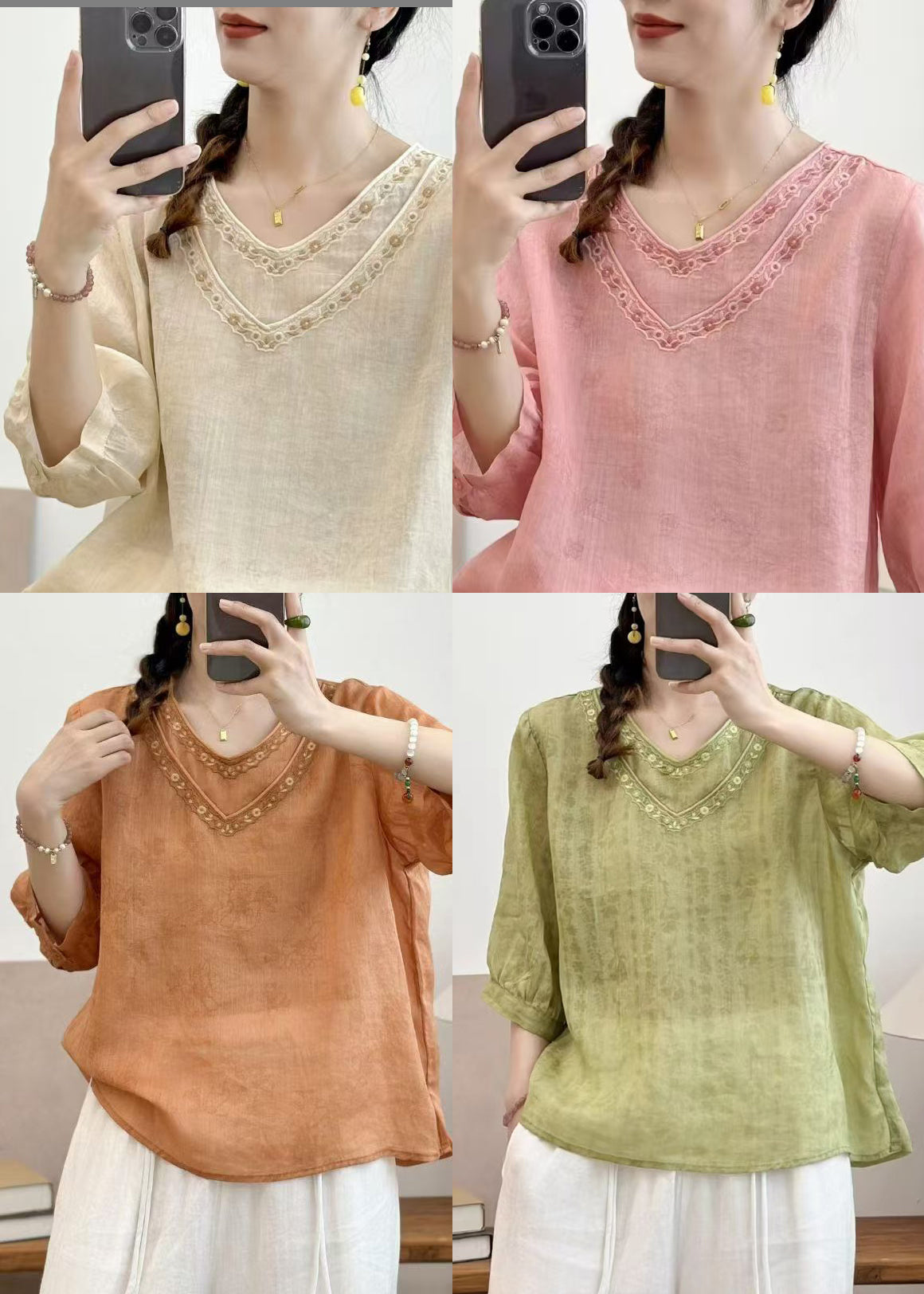 Grass Green Embroidered Linen Top Half Sleeve