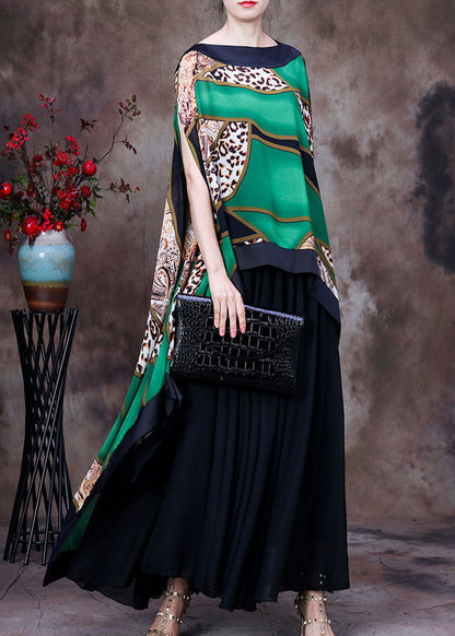 Green Asymmetrical Design Leopard Print Silk Shawl Tops Short Sleeve