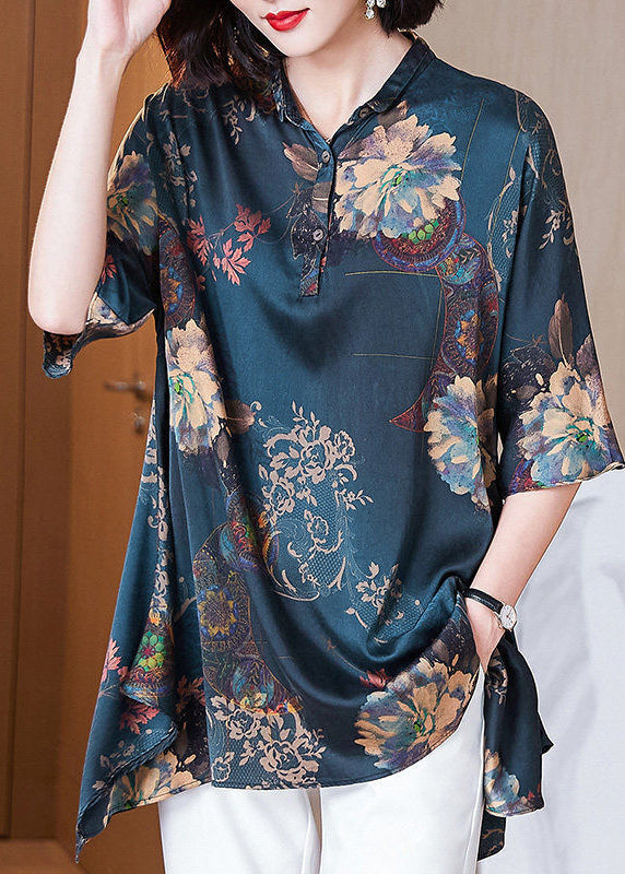 Green Asymmetrical Print Silk Shirt Summer
