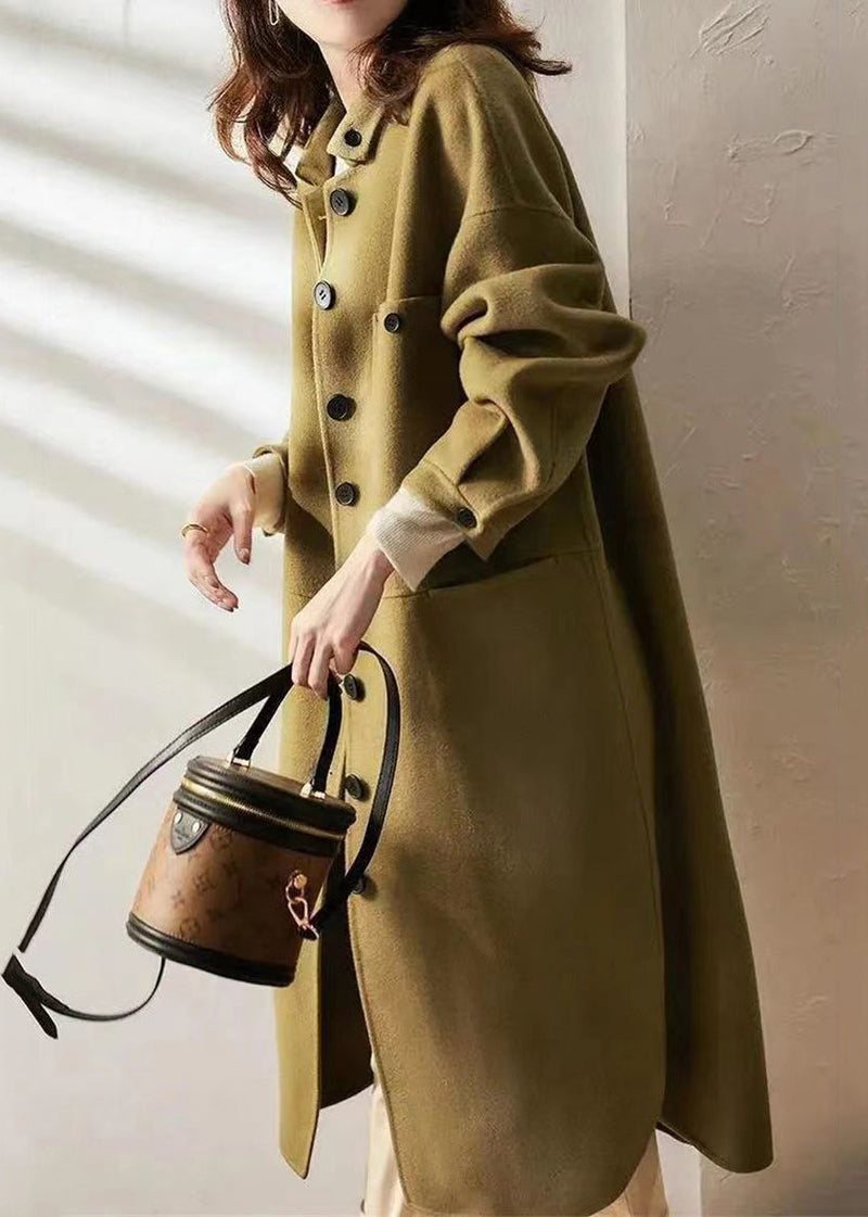 Green Button Pockets Patchwork Woolen Long Coat Fall