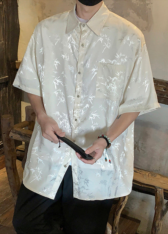 Green Button Print Ice Silk Shirts Short Sleeve