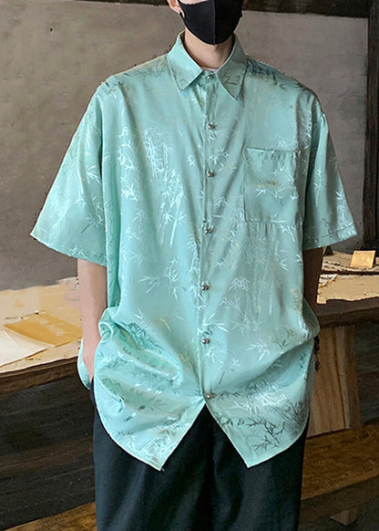 Green Button Print Ice Silk Shirts Short Sleeve