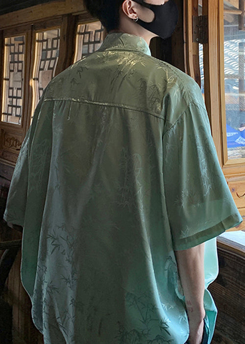 Green Button Print Ice Silk Shirts Short Sleeve