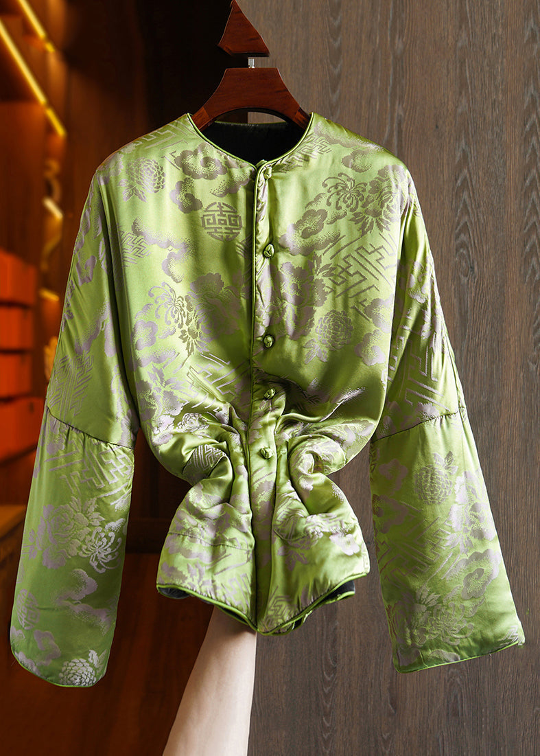 Green Button Print Pockets Silk Parka Long Sleeve