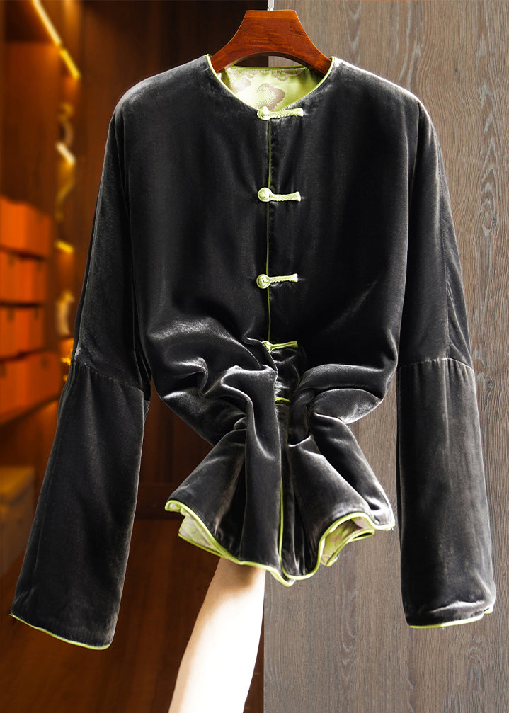 Green Button Print Pockets Silk Parka Long Sleeve