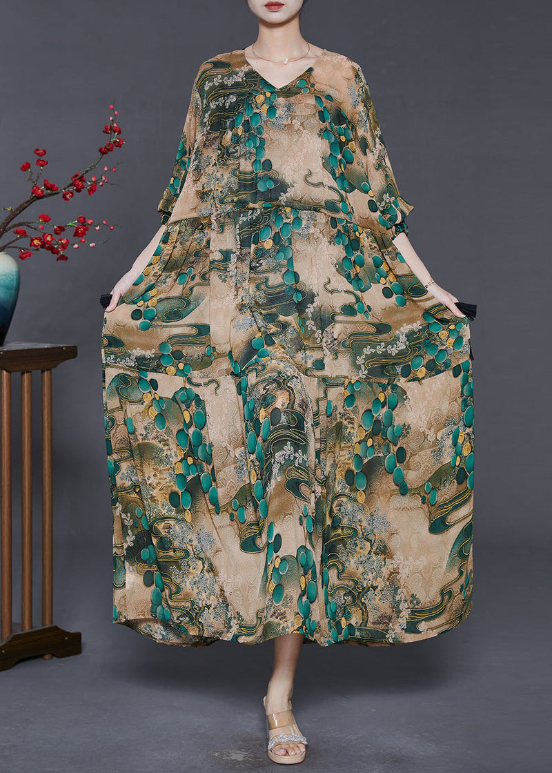 Green Cinched Print Chiffon Long Dress Fall