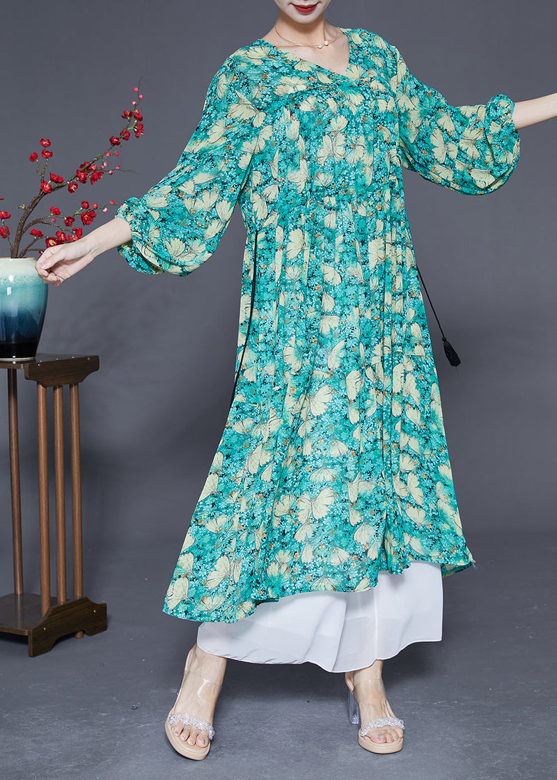 Green Cinched Print Chiffon Maxi Dresses Lantern Sleeve