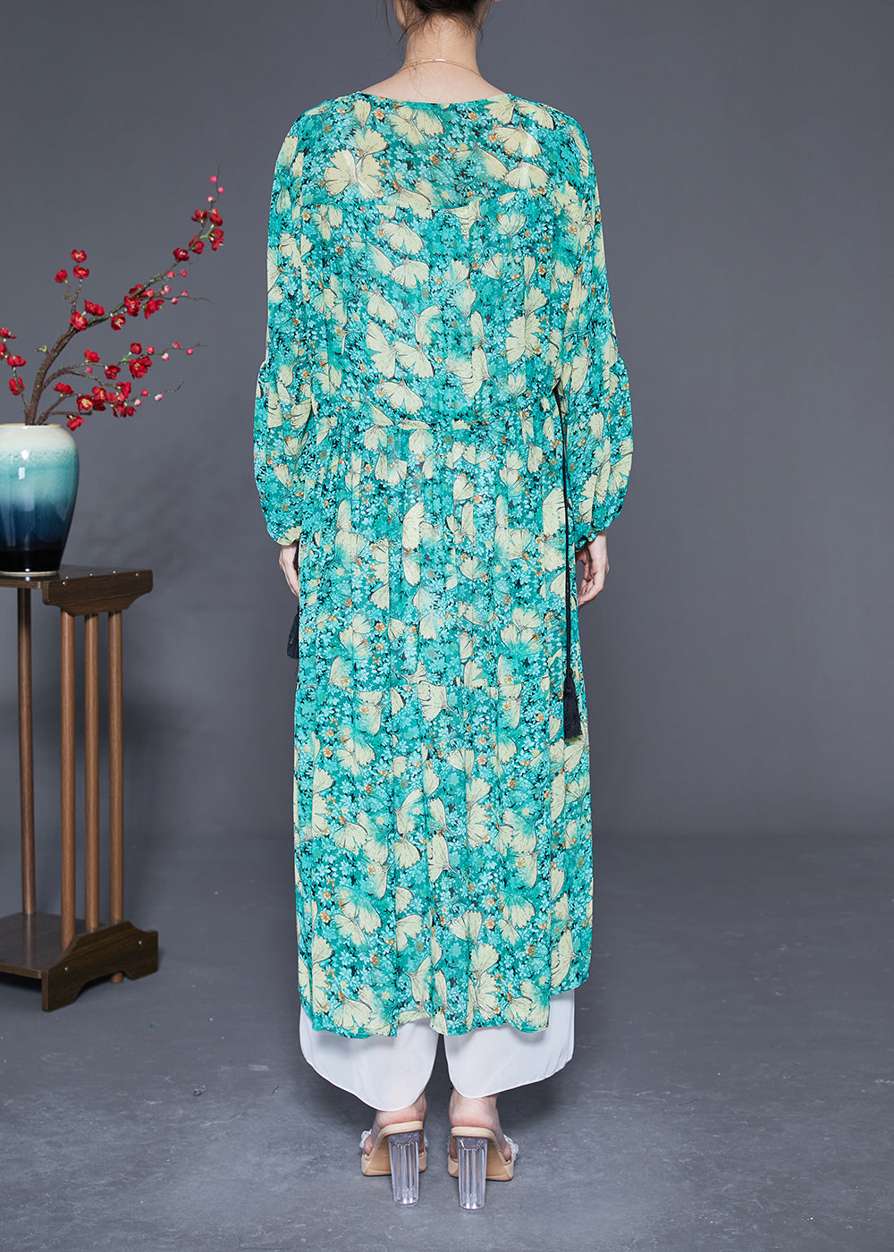 Green Cinched Print Chiffon Maxi Dresses Lantern Sleeve