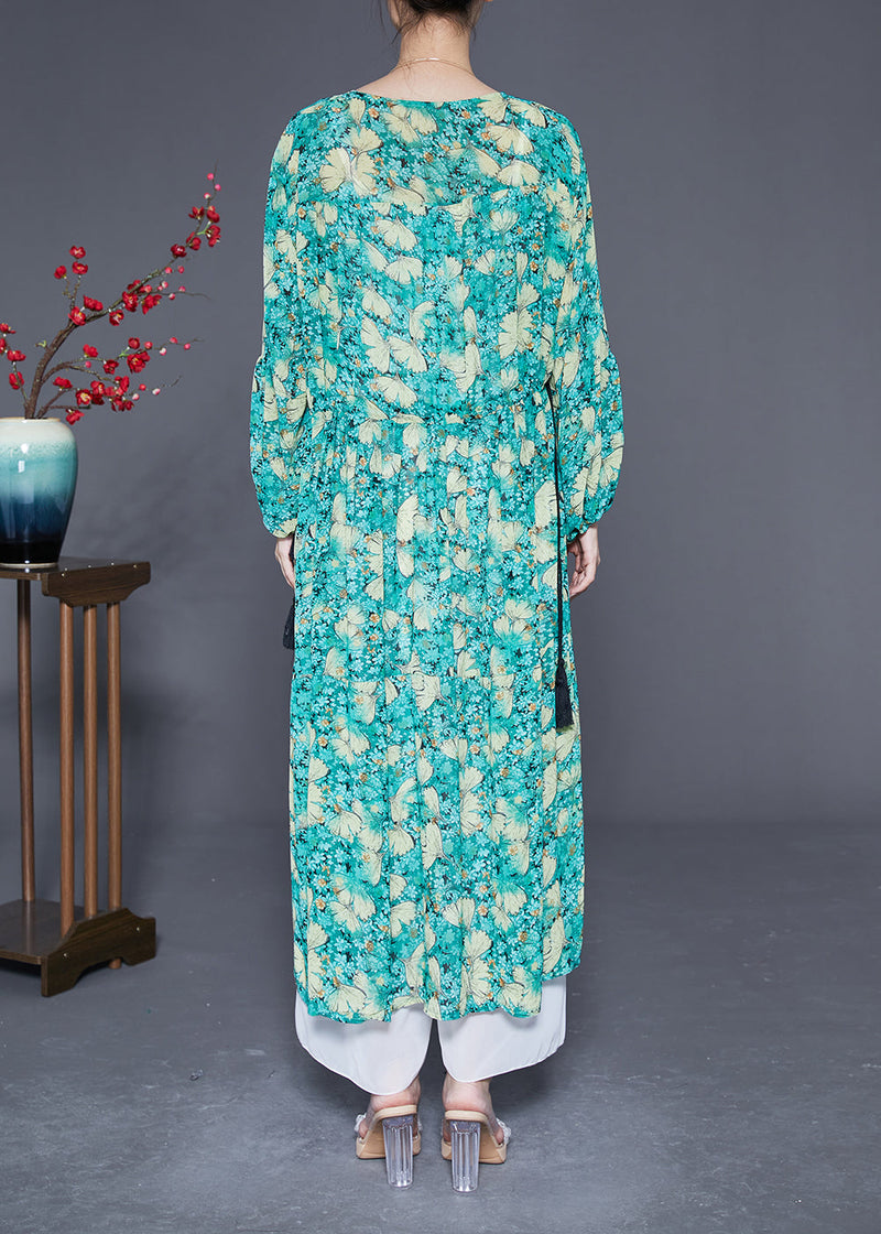 Green Cinched Print Chiffon Maxi Dresses Lantern Sleeve