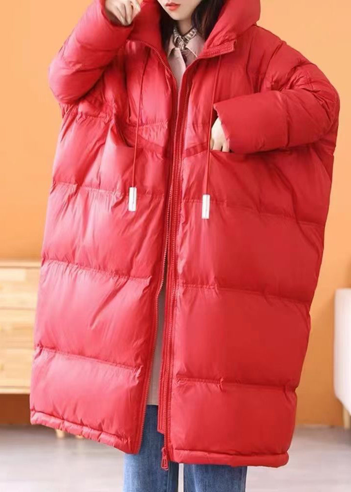 Green Drawstring Zippered Duck Down Long Down Coat Long Sleeve