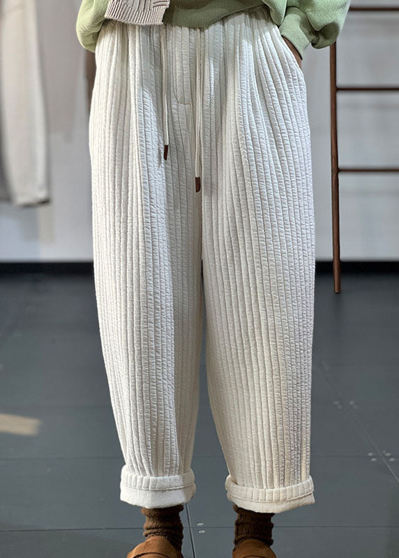 Green Elastic Waist Drawstring Striped Fine Cotton Filled Pants Winter