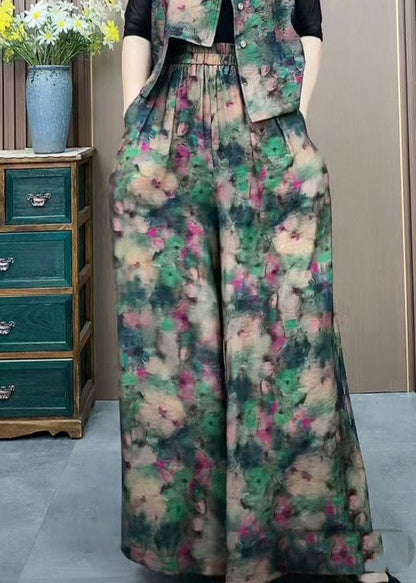 Green Elastic Waist Print Ice Silk Wide Leg Pants