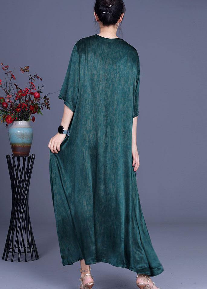 Green Embroidery Summer Silk Long Dress