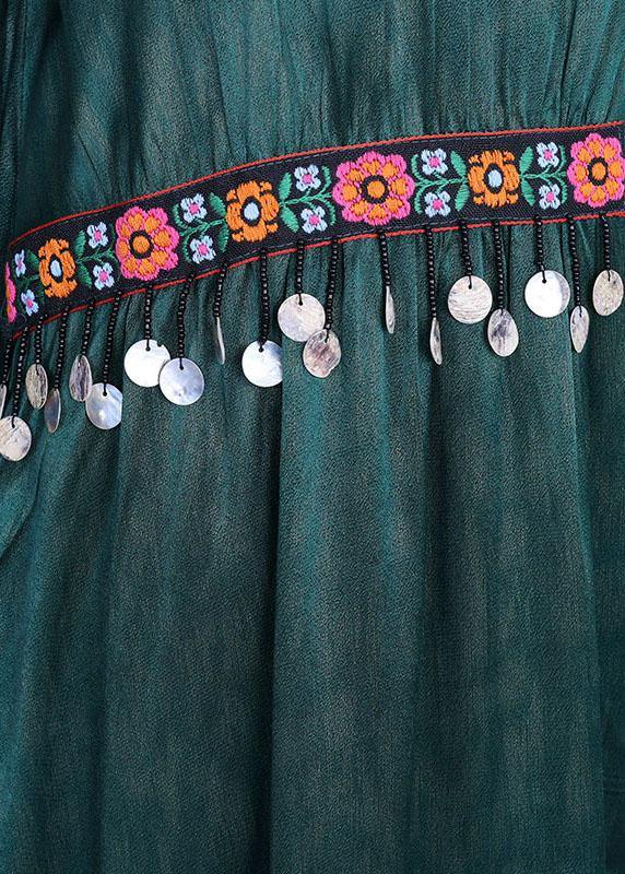 Green Embroidery Summer Silk Long Dress