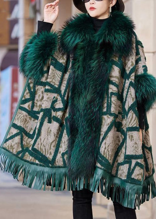 Green Fox Collar Pockets Leather and Fur Coat Long Sleeve