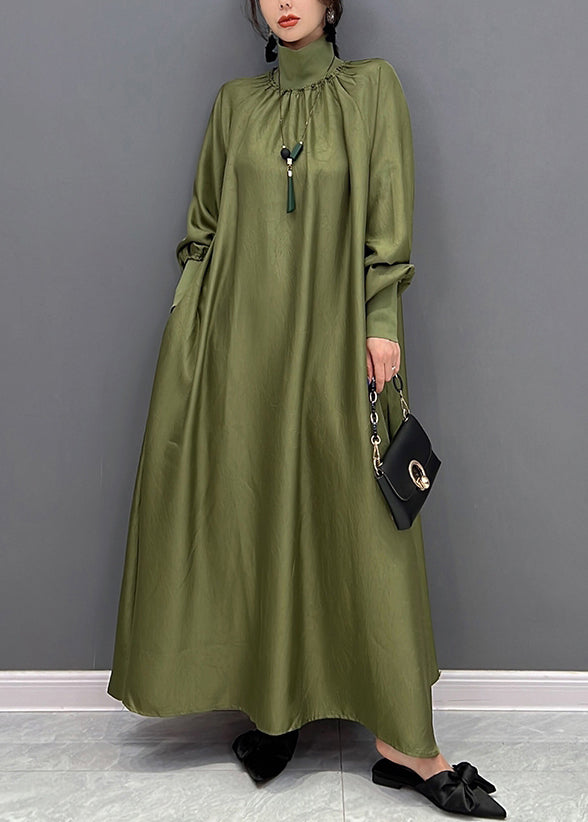 Green Hign Neck Wrinkled Patchwork Silk Long Dresses Fall