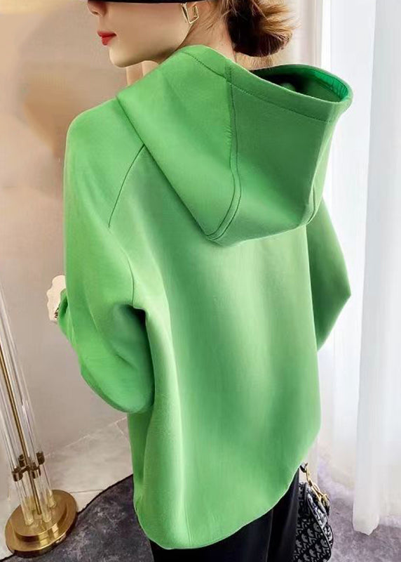 Green Hooded Asymmetrical Design Patchwork Cotton Sweatshirts Fall