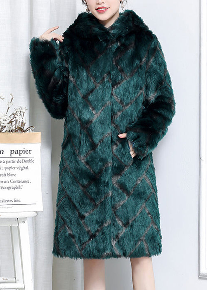 Green Hooded Plaid Faux Fur Coats Winter