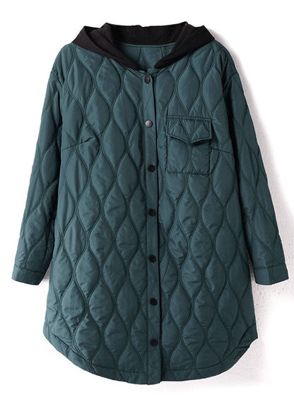 Green Hooded Pockets Patchwork Fine Cotton Filled Winter Coats