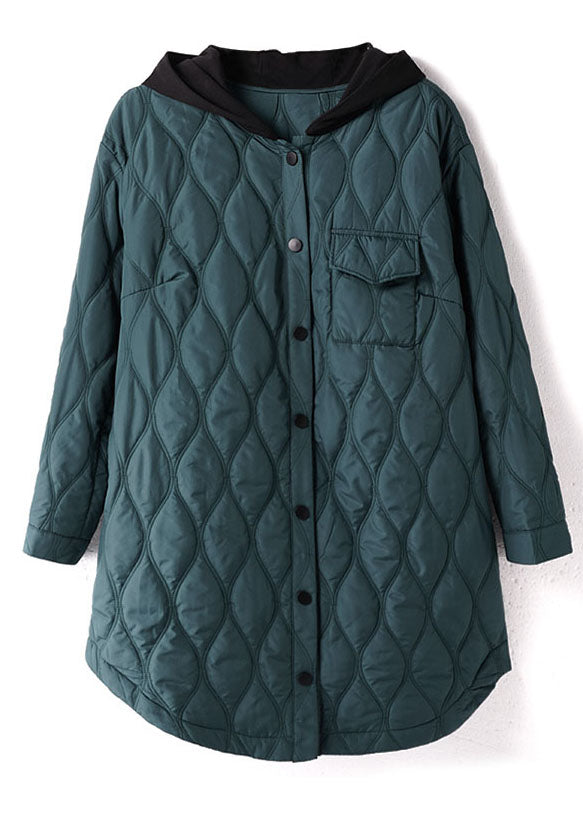 Green Hooded Pockets Patchwork Fine Cotton Filled Winter Coats