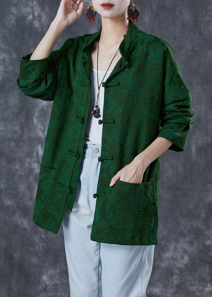 Green Jacquard Chinese Button Cotton Coats Fall