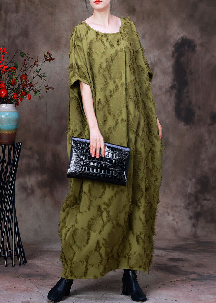 Green O-neck Asymmetrical Print Woolen Long Dress Batwing Sleeve