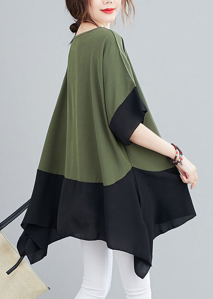 Green O Neck Patchwork Chiffon T Shirts Top Summer