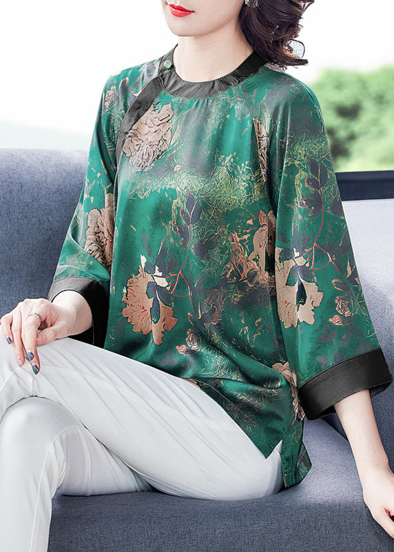 Green O-neck Patchwork Print Silk Shirt Tops Bracelet Sleeve