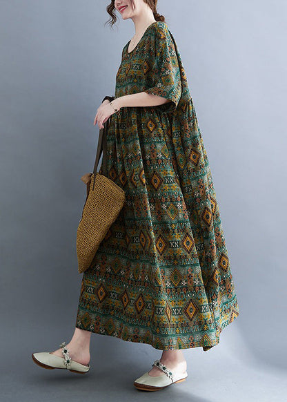 Green O-neck Patchwork Wrinkled Party Maxi Dress Short Sleeve