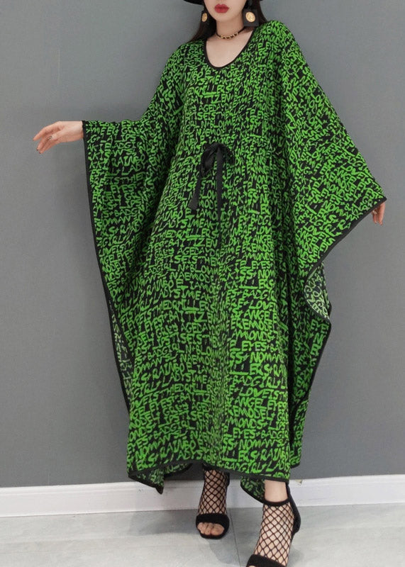 Green O-neck Print Batwing Dresses Long Sleeve