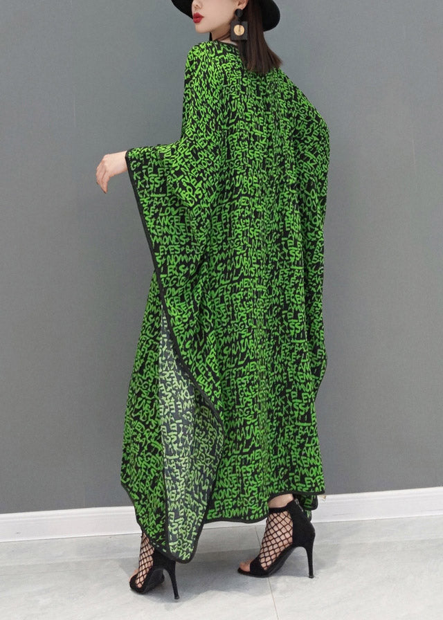 Green O-neck Print Batwing Dresses Long Sleeve