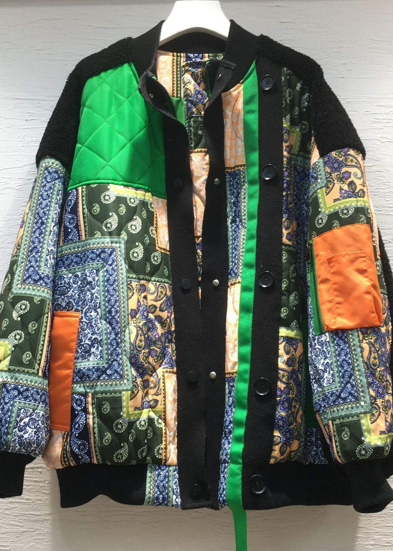 Green O-neck Print Button Pockets Thick Cotton Parka Long Sleeve