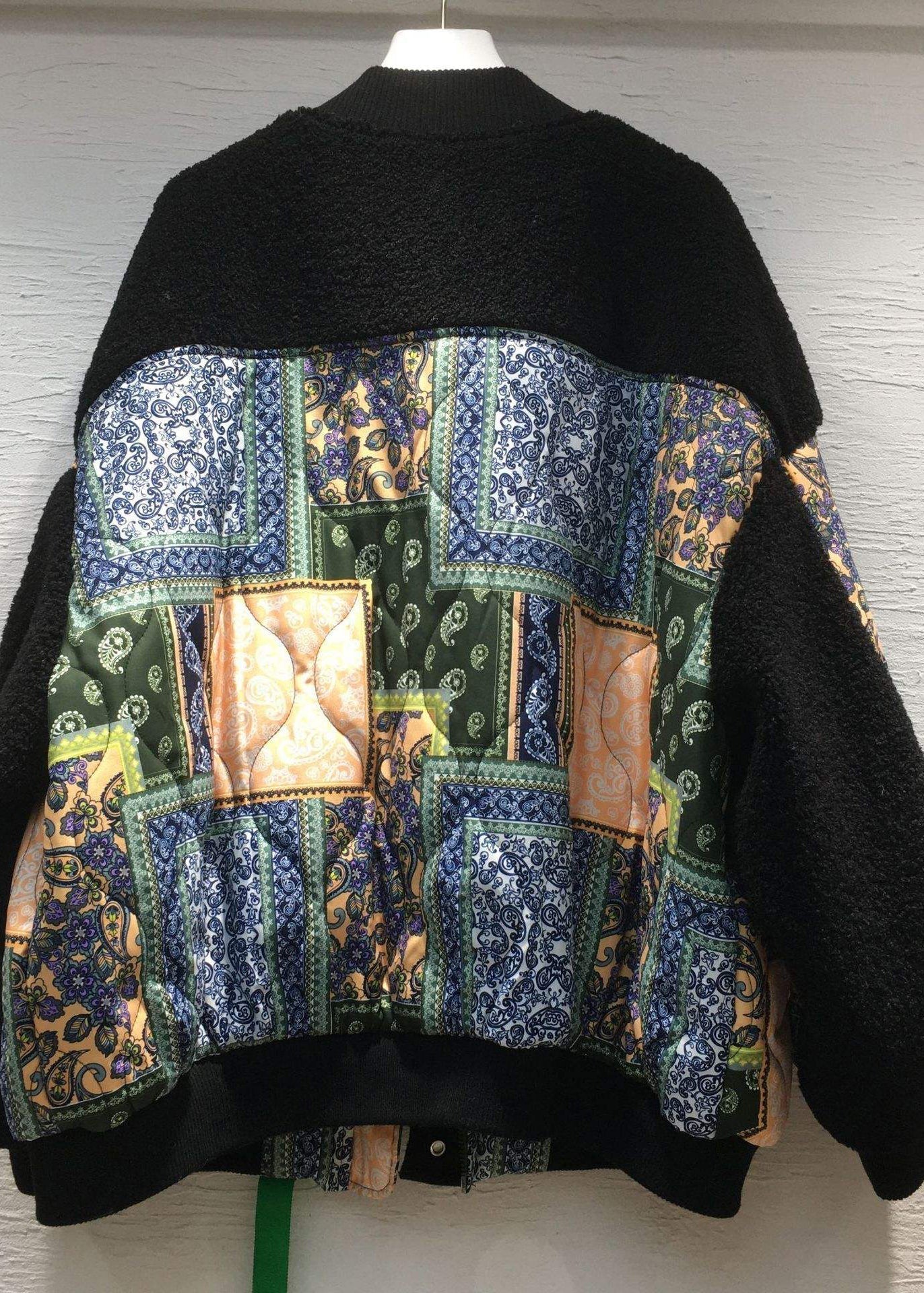 Green O-neck Print Button Pockets Thick Cotton Parka Long Sleeve