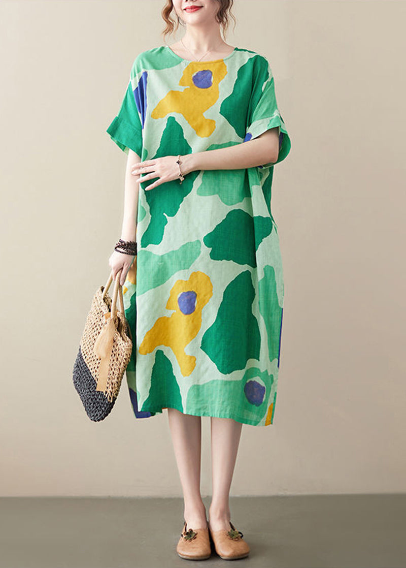 Green O-neck Print Cotton Holiday Dress Summer