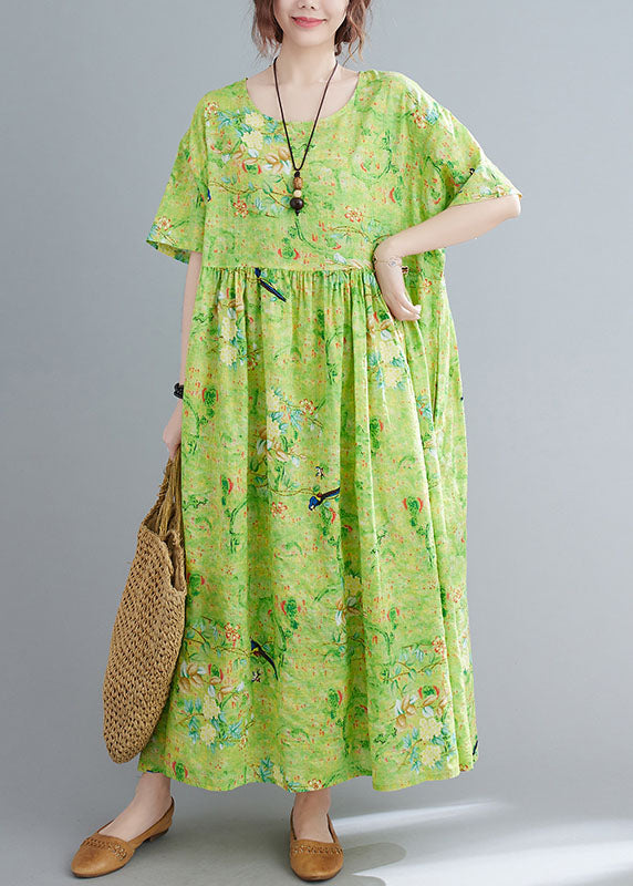 Green O-neck Print Exra Large Hem Wrinkled Cotton Long Dress Short Sleeve