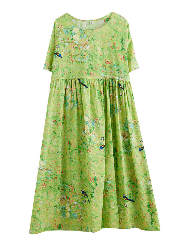 Green O-neck Print Exra Large Hem Wrinkled Cotton Long Dress Short Sleeve