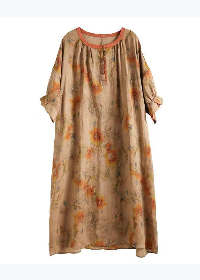 Green O Neck Print Linen Long Dresses Half Sleeve