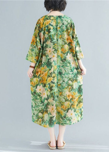 Green O-neck Print Linen Robe Dresses Bracelet Sleeve