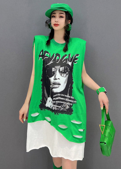 Green O-neck Print Patchwork Dress Sleeveless