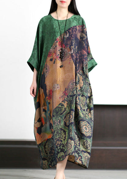 Green O Neck Print Patchwork Silk Holiday Dress Summer