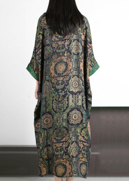 Green O Neck Print Patchwork Silk Holiday Dress Summer