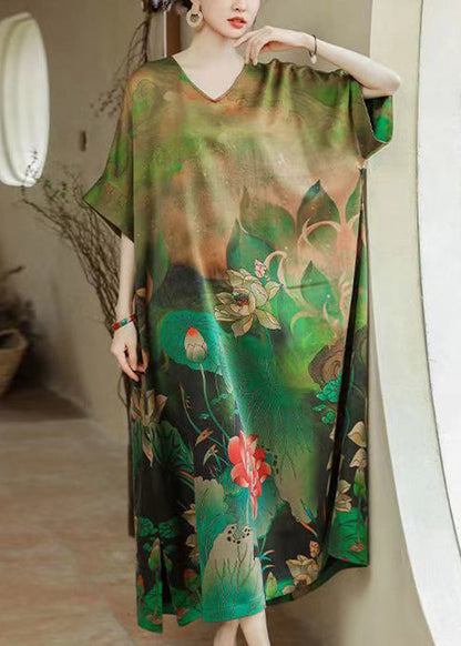 Green O Neck Print Cotton Blend Long Dresses Summer