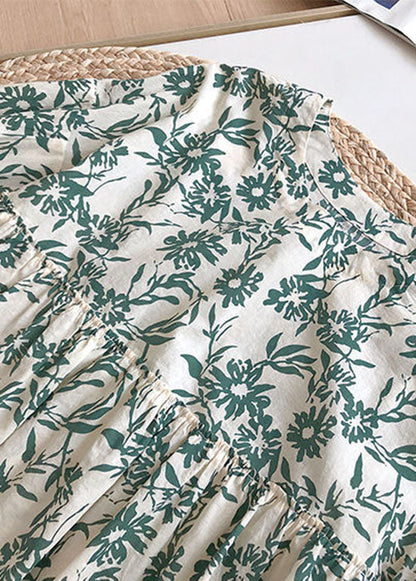 Green O Neck Print Wrinkled Cotton Blouse Tops Summer