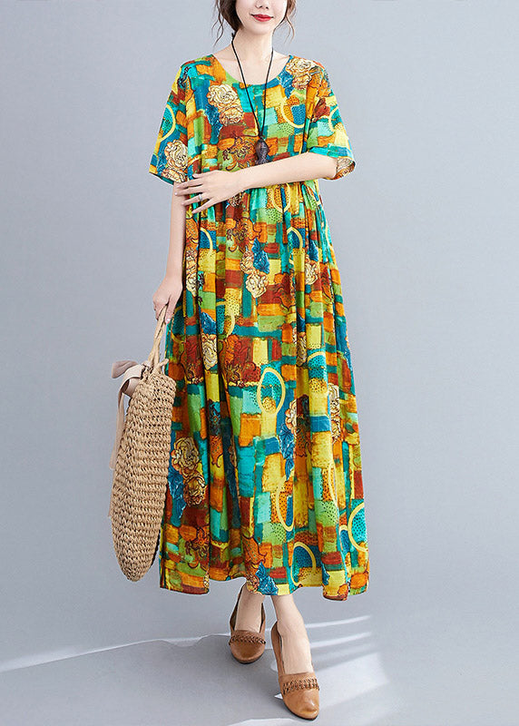 Green O-neck Print Wrinkled Party Dress Short Sleeve